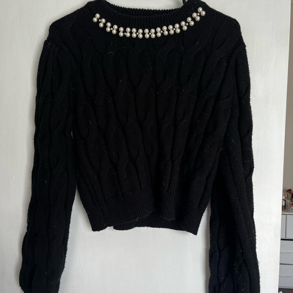 Lola Black Crew Neck Sweater with Embellished Neckline